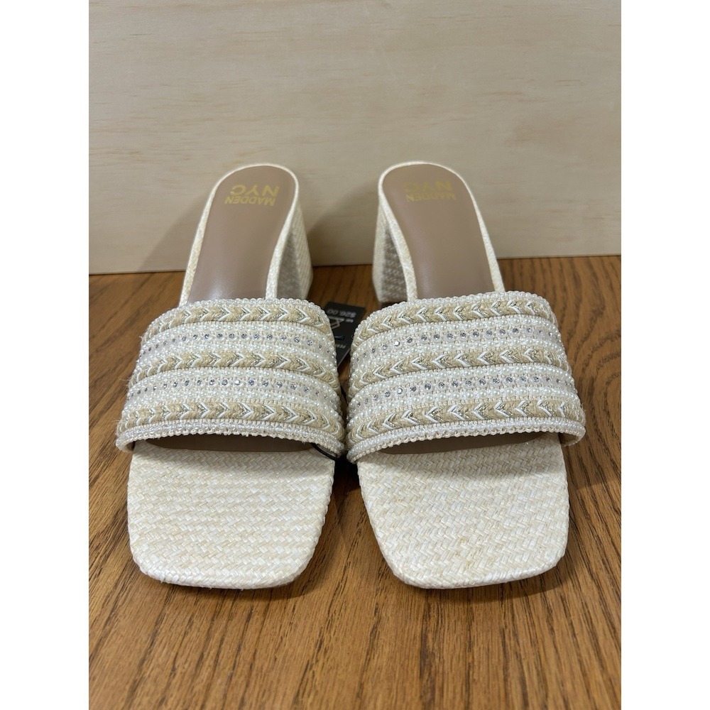 NV Natural Beaded Raffia Slide Sandals in Cream